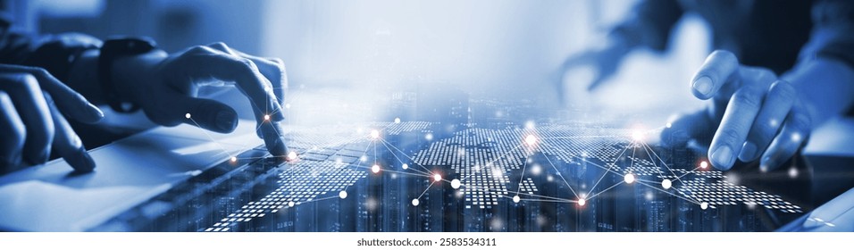 Internet network connection, big data, digital marketing, global business, digital technology background. People using digital tablet and laptop computer, internet networking, innovative technology