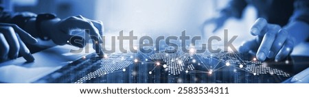 Internet network connection, big data, digital marketing, global business, digital technology background. People using digital tablet and laptop computer, internet networking, innovative technology