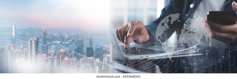 Internet network connection, data exchange, digital marketing IoT internet of things. Double exposure, woman using modern computer surfing the internet and smart city, innovative technology background - Powered by Shutterstock