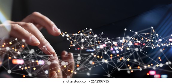 Internet network connection, digital technology background, IoT Internet of Things concept. Person networking on digital tablet computer with line and dot connection, big data