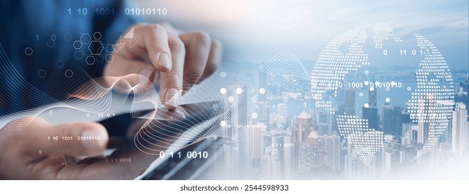 Internet network connection, digital technology, global network, digital marketing IoT internet of things. Woman using mobile phone surfing internet and smart city, innovative technology background