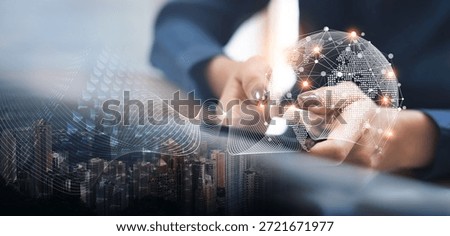 Internet network connection, digital technology, big data, digital marketing IoT internet of things. Woman using mobile phone and laptop computer surfing internet, innovative technology background