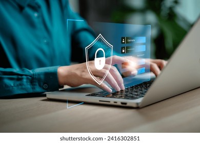 Internet network cybersecurity concept, data privacy protection from malicious attacks, digital information technology security,Businesswomen login interface virtual online network.