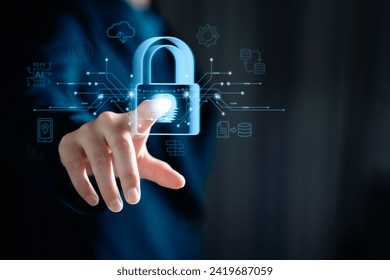 Internet network cybersecurity concept, data privacy protection from malicious attacks, digital information technology security,
women touching padlock fingerprint interface virtual online network. - Powered by Shutterstock