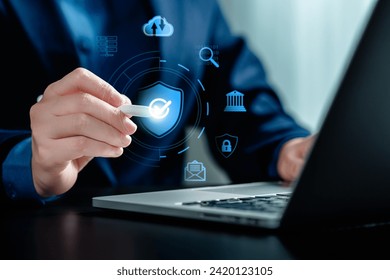 Internet network cybersecurity concept, data privacy protection from malicious attacks, digital information technology security,women touching shield security interface virtual online network.