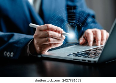 Internet network cybersecurity concept, data privacy protection from malicious attacks, digital information technology security,business women show padlock icon virtual online network on a laptop