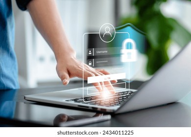 Internet network cybersecurity concept, data privacy protection from malicious attacks, digital information technology security, user accessing the laptop screen displays login of security information