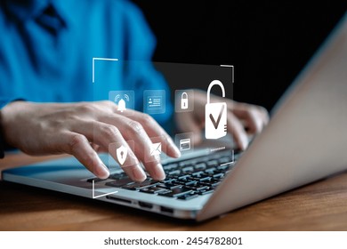 Internet network cybersecurity concept, data privacy protection from malicious attacks, digital information technology security, user accessing the laptop screen displays login of security information