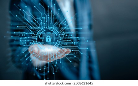 Internet network cybersecurity concept, data privacy protection from malicious attacks, digital information technology security, businesswomen connecting shield security interface virtual firewall.