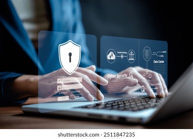 Internet network cybersecurity concept, data privacy protection from malicious attacks, digital information technology security, user accessing the laptop screen displays login of security information