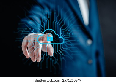 Internet network cybersecurity concept, data privacy protection from malicious attacks, digital information technology security, businesswomen connecting Cloud Computing Security interface virtual.