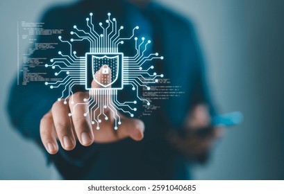 Internet network cybersecurity concept, data privacy protection from malicious attacks, digital information technology security. Businessman connecting shield security interface virtual firewall.