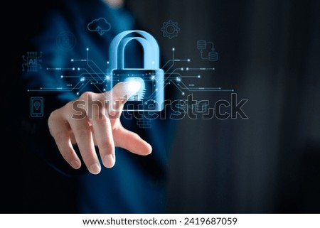 Internet network cybersecurity concept, data privacy protection from malicious attacks, digital information technology security,women touching padlock fingerprint interface virtual online network.