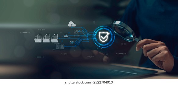 Internet network Document security concept, Businessman Inspection Paperwork Document of Business Data user privacy security and encryption, secure internet access Future technology and cybernetics.