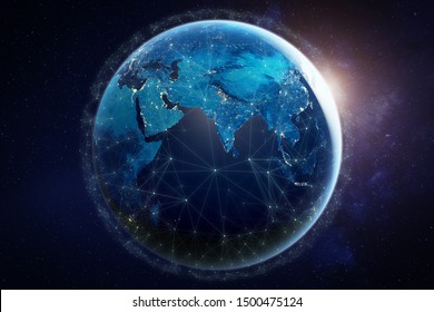 Internet network for fast data exchange around planet Earth from space, global telecommunication satellite grid over the world for IoT, mobile web, financial technology, 3d render, elements from NASA - Shutterstock ID 1500475124