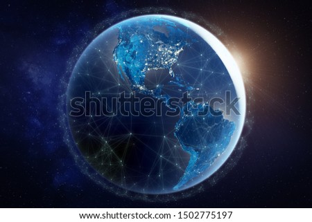 Internet network for fast data exchange over America from space, global telecommunication satellite around the world for IoT, mobile web, financial technology, 3d render, Earth elements from NASA