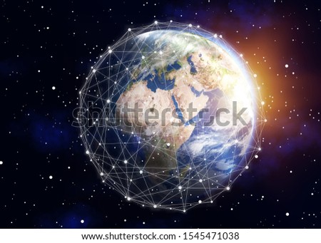 Internet network for fast data exchange over America from space, global telecommunication satellite around the world for IoT, mobile web, financial technology, 3d render, Earth elements from NASA