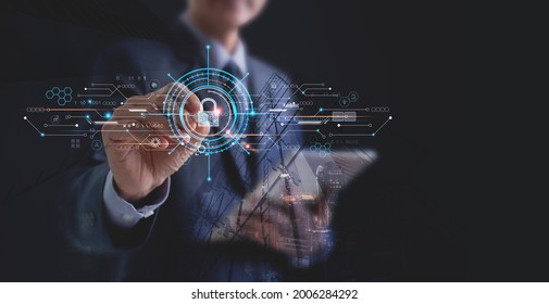 Internet network security, business data protection, antivirus software development concept. Businessman using digital tablet with padlock, technology icon, innovation technology against digital crime - Shutterstock ID 2006284292