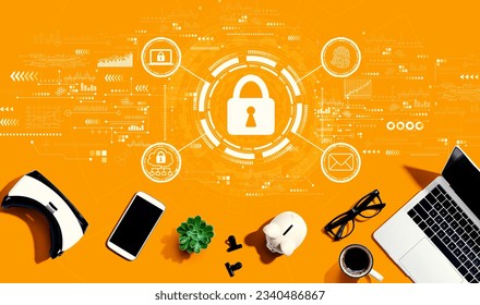 Internet network security concept with electronic gadgets and office supplies - flat lay