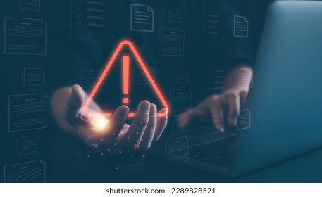 internet network security concept, man working on computer  with triangle warning sign developer with triangle caution warning sign for notification error and maintenance, e-document data protection - Shutterstock ID 2289828521