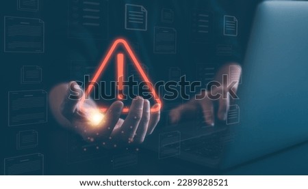 internet network security concept, man working on computer  with triangle warning sign developer with triangle caution warning sign for notification error and maintenance, e-document data protection