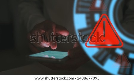 internet network security concept, man using smartphone with triangle warning sign developer with triangle caution warning sign for notification error and maintenance, e-document data protection