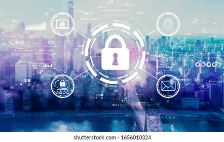 Internet network security concept with the New York City skyline near midtown
