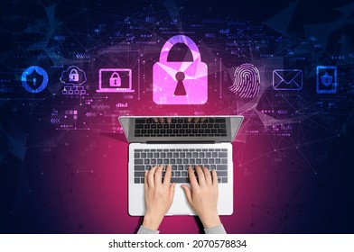 Internet network security concept with person using a laptop computer