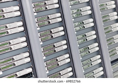 internet network server room with computers racks and digital receiver for digital tv