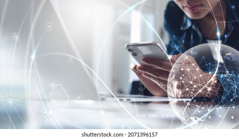 Internet network technology, digital software development, future tech background, IoT concept. Woman using mobile phone and laptop with global network connection, computer code
