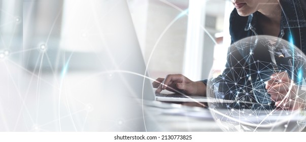 Internet network technology, digital software development, future tech background, IoT concept. Woman using digital tablet and laptop with global network connection, computer code