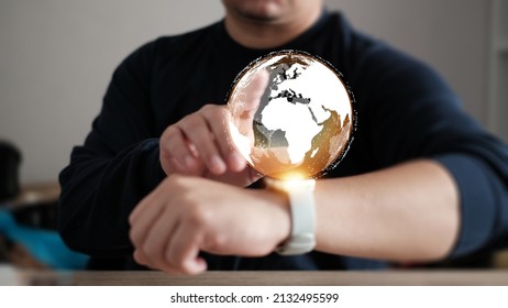 Internet network technology, digital software development, future tech background, IoT concept. Man using digital tablet and laptop computer with global network connection