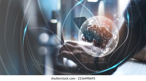 Internet Network Technology, Digital Software Development, Future Tech Background, IoT Concept. Man Using Digital Tablet And Laptop With Global Internet Network Connection, Computer Code