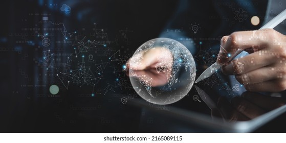 Internet network technology, digital software development, future tech background, IoT Internet of Things concept. People using digital tablet with global internet network, futuristic technology