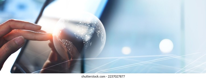 Internet network technology, digital software development, future tech background, IoT concept. Man using digital tablet with global network connection, copy space for technology background