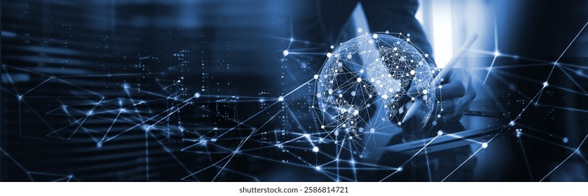 Internet network technology, digital software development, future tech background, IoT concept. Man using digital tablet and laptop with global network connection, abstract technology background