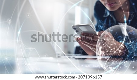 Internet network technology, digital software development, future tech background, IoT concept. Woman using mobile phone and laptop with global network connection, computer code
