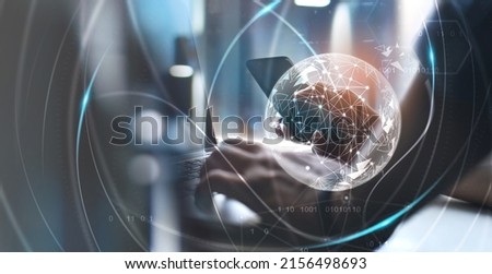 Internet network technology, digital software development, future tech background, IoT concept. Man using digital tablet and laptop with global internet network connection, computer code