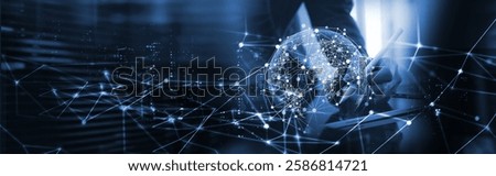 Internet network technology, digital software development, future tech background, IoT concept. Man using digital tablet and laptop with global network connection, abstract technology background