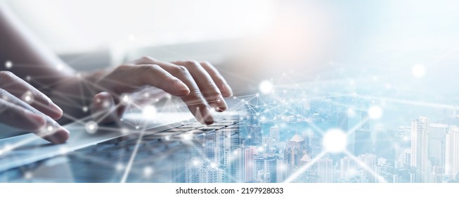 Internet Network Technology, Global Communication, Digital Transformation Concept. Woman Using Laptop Computer, Internet Network Connection With The City, Technology Background, Social Media Marketing