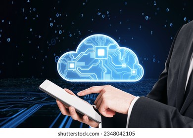 Internet network technology and mobile data storage service concept with businessman using modern smartphone on dark background with digital blue cloud symbol with circuit and processor inside