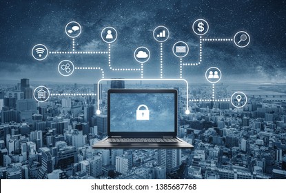 Internet And Online Network Security System. Laptop Computer With Lock Icon On Screen And Application Programming Interface Icons