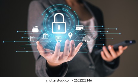 Internet Online Technology Security Policy That Business People Can Trust, Abstract Business People Palm Hand With Icons That Convey The Safety Of Online Transactions, Financial Technology Concept.