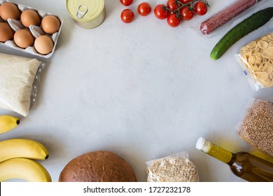 Internet Order Of Nutrition. Food Delivery. Contactless Online Order Of Goods From The Store. Set Of Grocery Items On White Background. Takeaway Products. Flat Lay, Copy Space, White Background.