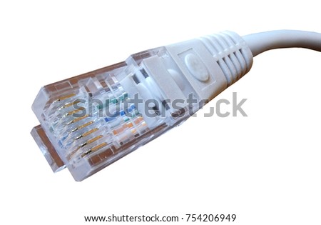 Internet Plug RJ45 (Connector and Cable) Isolated. Standard modular connection designed to communicate and supply information. Modem cable. White colored in white background.