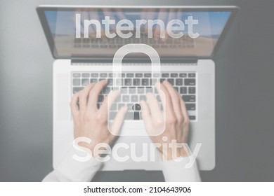 Internet Security Computer Data Symbol On Blured Keyboard Background. Hacker Attack And Data Breach, Information Leak Concept.