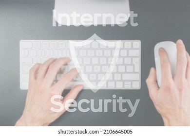 Internet Security Computer Data Symbol On Blured Keyboard Background. Hacker Attack And Data Breach, Information Leak Concept