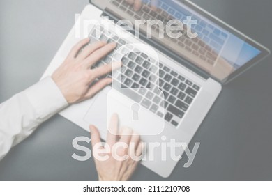 Internet Security Computer Data Symbol On Blured Keyboard Background. Hacker Attack And Data Breach, Information Leak Concept