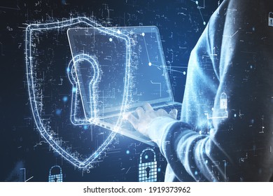 Internet security concept with hacker back typing on laptop keyboard and digital glowing keyhole sign with locks. Double exposure