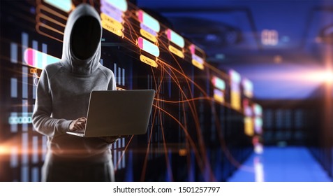 Internet security concept with hacker using laptop at digital node symbols and server room background. Double exposure.